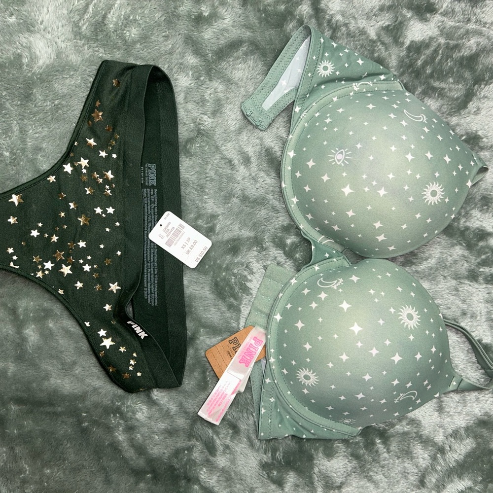 PINK Green Starry Bra and Panty Set